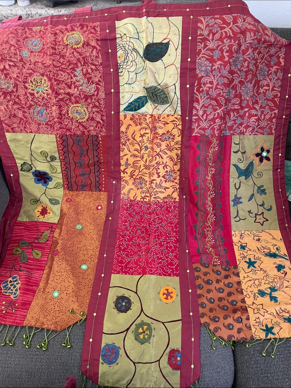 Pier 1 Multicolor embroidered Patchwork wall hanging decoration red gold 38x40